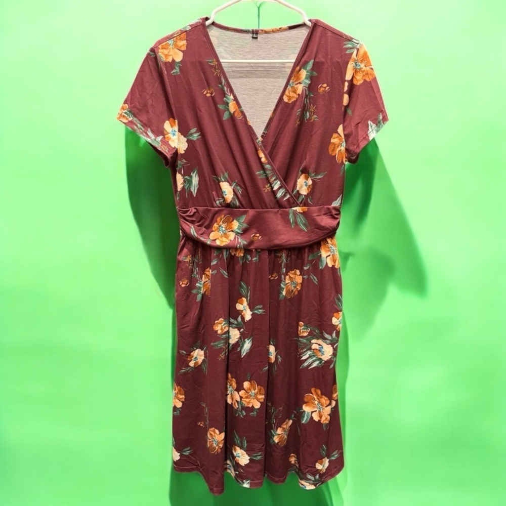 Floral V-Neck Dress in Burgundy and Orange LARGE pit to pit 17in length 40in